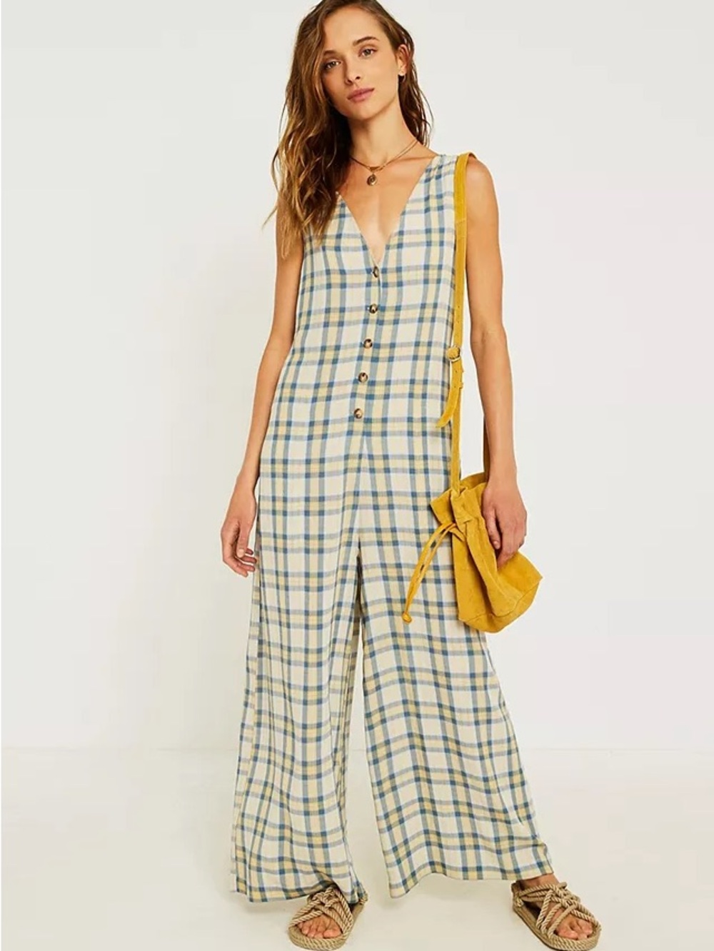 Urban Outfitters Sleeveless Plaid Wide-Leg Jumpsuit